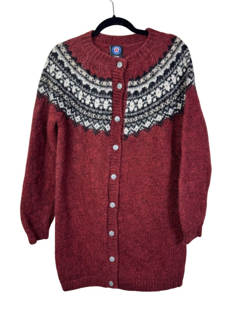 Icewear Icelandic Wool Cardigan Sweater Tunic Top Nordic Fair Isle Red/Black/Whi